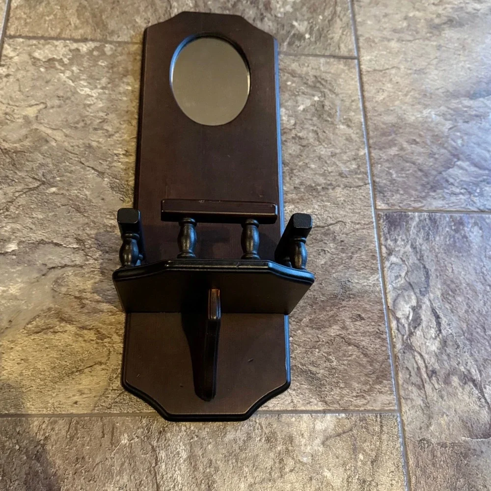 Vintage Cottage Wood Wall Mirror Shelf Entryway Organizer Brown Spindle Railing